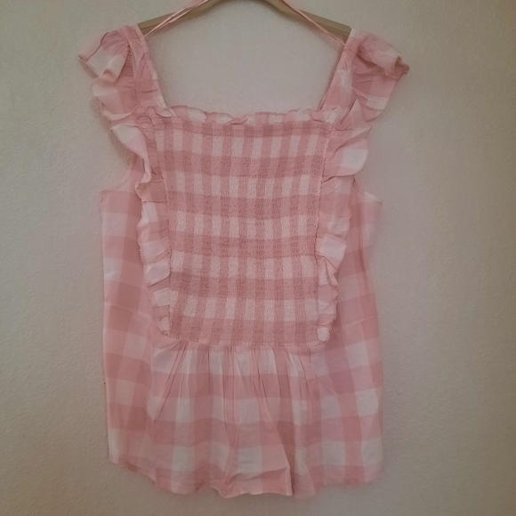 Old Navy Sleeveless Ruffle Trim Smock Gingham Blouse NWT Pink Pastel Plus Sz 2X - Picture 3 of 11